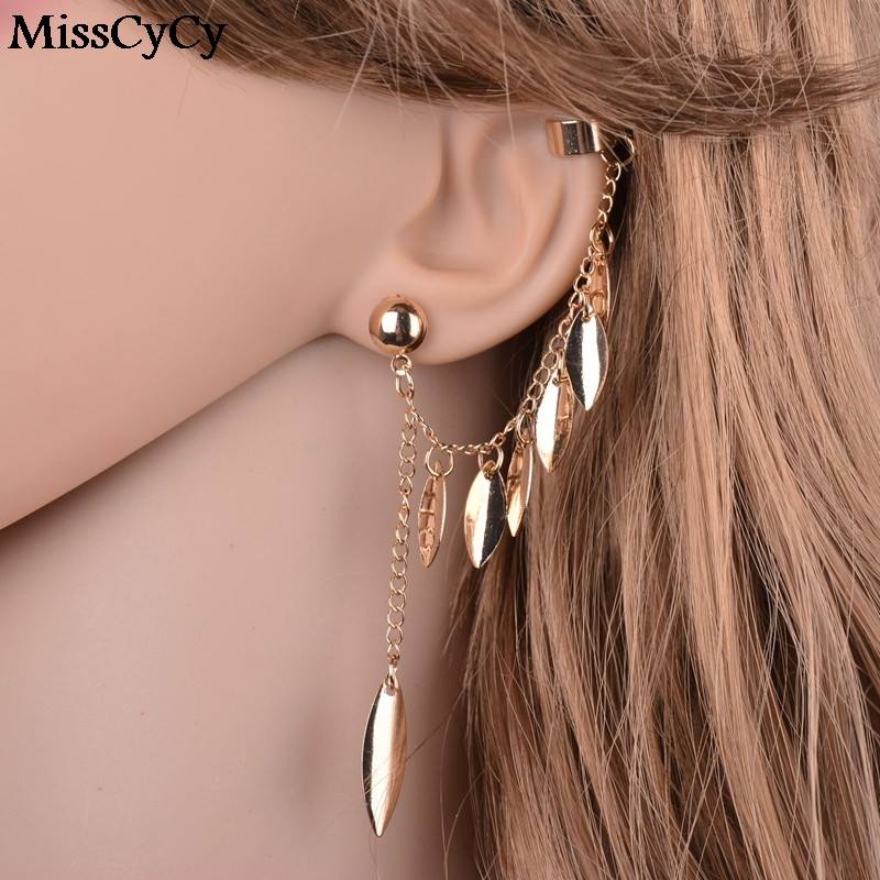 Gold Leaves Tassel Ear Cuff With Clip