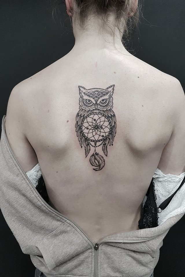 Gorgeous Owl Dreamcatcher Back Tattoo