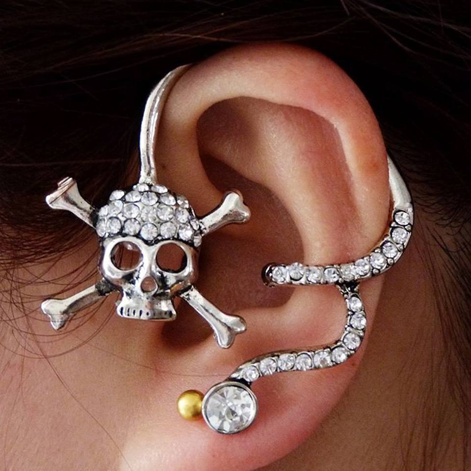 Gothic Skull and Cross Bones Sterling Silver Ear Cuff