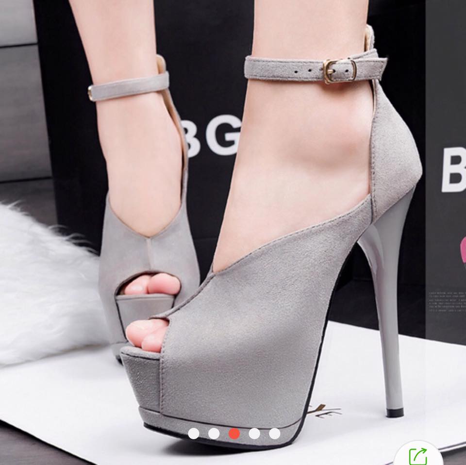 Gray Ankle Strap Platform Heels In Peep Toe