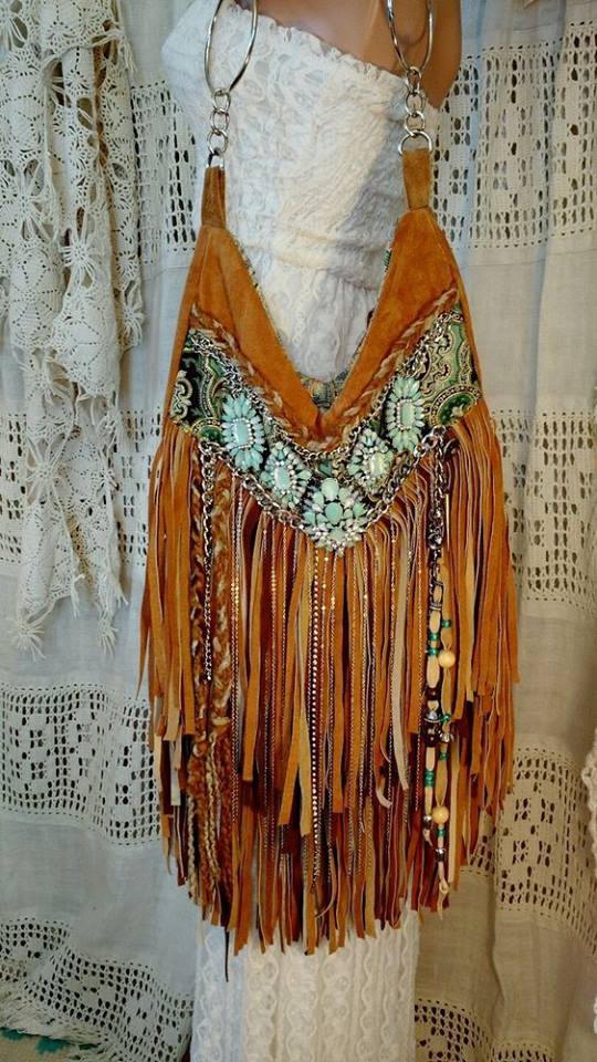 Handmade Brown Tan Suede Fringe Shoulder Bag Hippie Gypsy Boho Hobo Purses