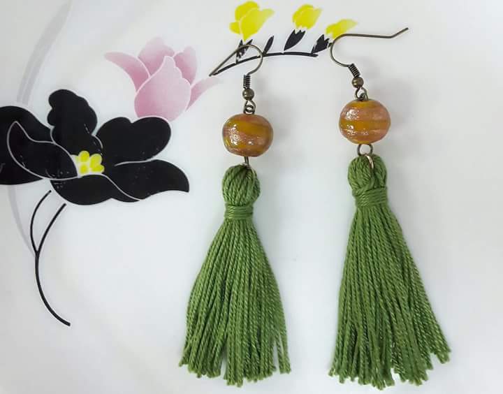 Handmade Green Tassel and Beaded Earring