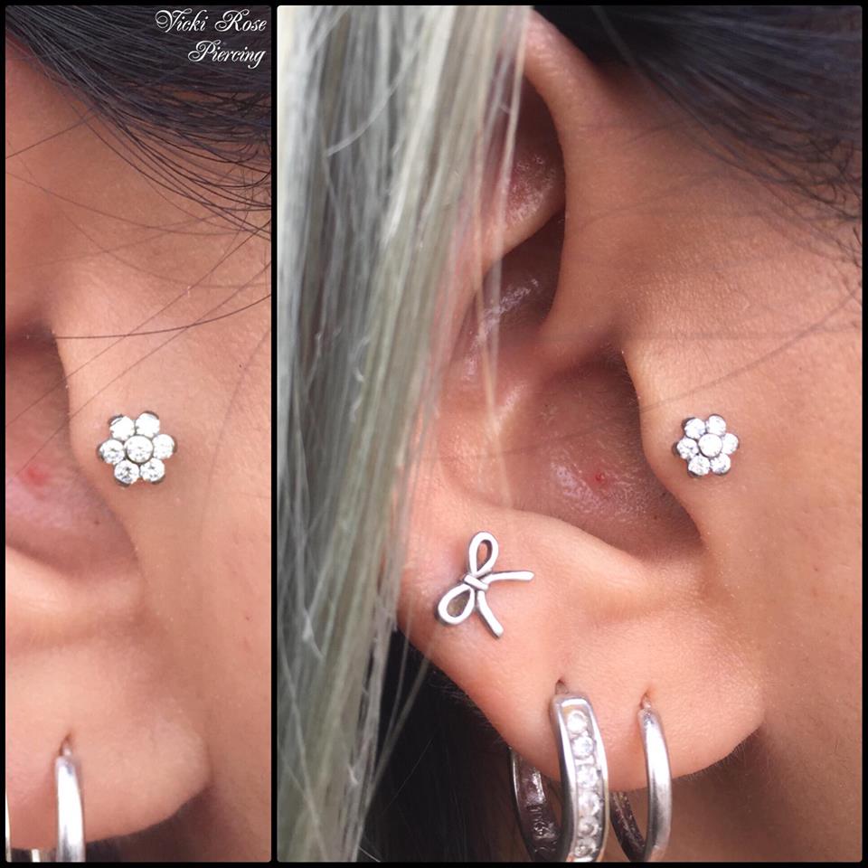 Healed Tragus Piercing With a 7 Gem Swarovski WCZ Flower