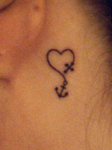 Little Behind the Ear Tattoo with a Cross Heart and Anchor-Truly Symbolic