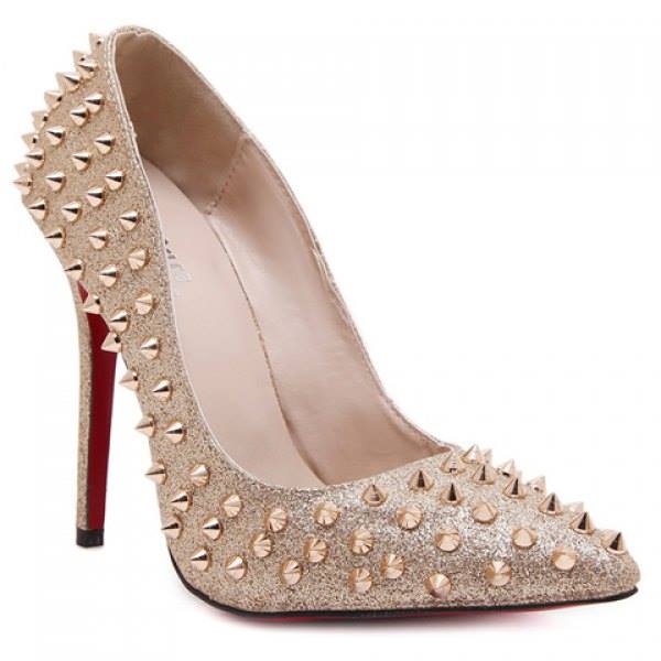 Metal Studded Gold Pump Heels For A Club Look