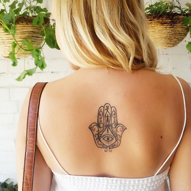 Modern Small Hamsa Back Tattoo for Girls