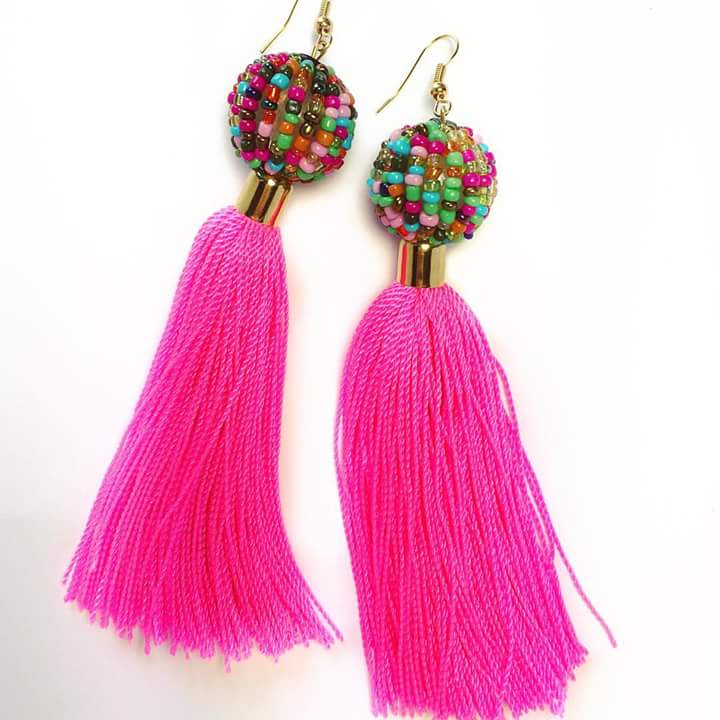 Multicolor Beads with Pink Long Tassle