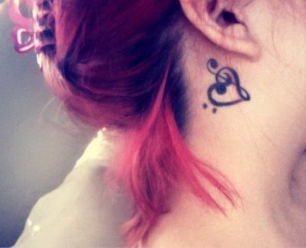 Music Notes in the Shape of a Heart is a Beautiful Behind the Ear Tattoo