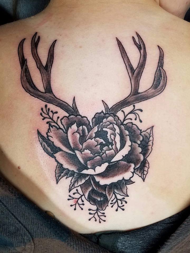 Rare Flowers and Horn Unique Back Tattoo for Women