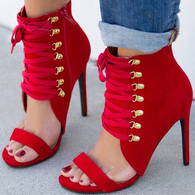 Side Zipped Red Corset Heels