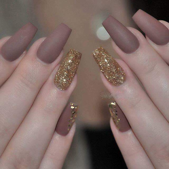 Sparkle Matte Nail Art for Long Nails in Gold and Brown