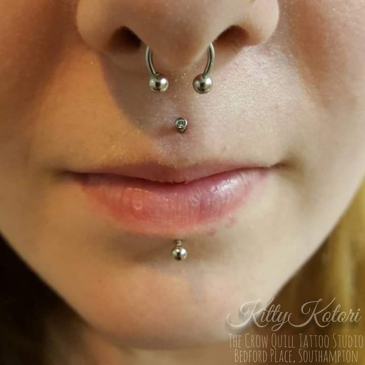 Strong Titanium Industrial Septum Jewel with Lower Lip and Upper Lip Piercing