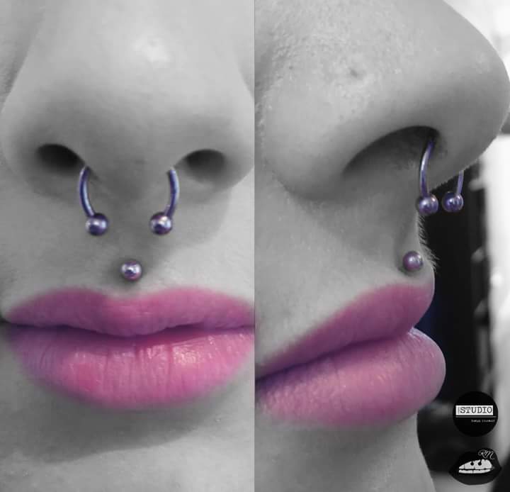 Titanium Purple Horseshoe Septum Piercing with Labret Stud in the Philtrum Area