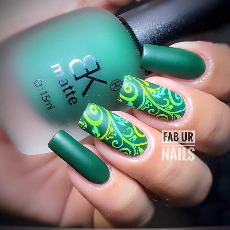 Trending Matte Nail Art Design in Green with Ornate Design