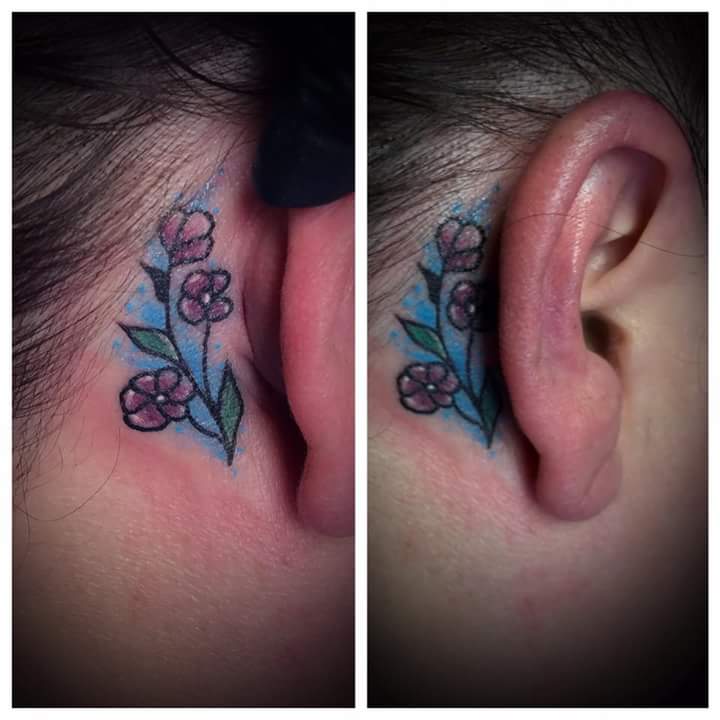 Watercolor Ear Tattoo Design with Flowers