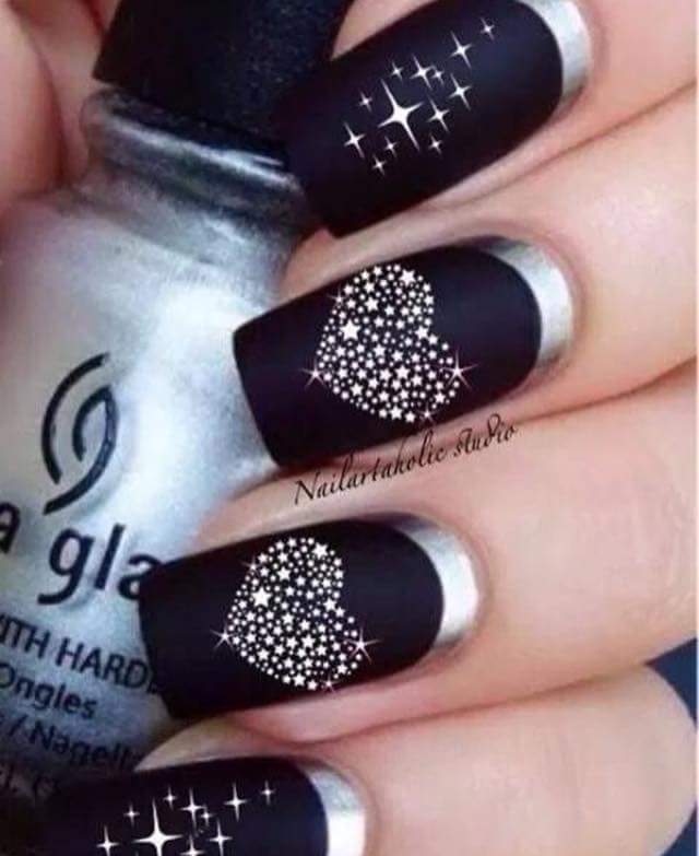 Wonderfully Cool Matte Nail Art in Black with Heart and Stars