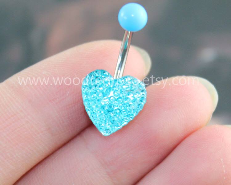 Attractive Aqua Blue Crystal Heart Belly Button Ring Heart Barbell Navel Piercing