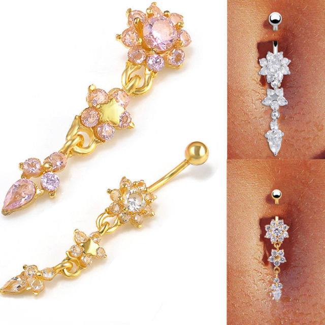 Beautiful Crystal Flower Dangle Navel Belly Button Ring Bar Body Piercing Jewelry