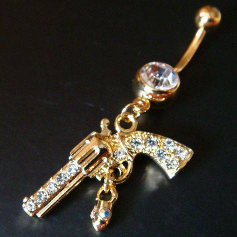 Golden Pistol Belly Button Ring with Crystals