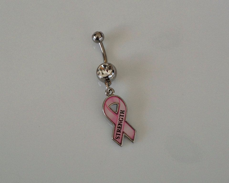 In vogue Belly Ring With Dangling Strength Breast Cancer Ribbon