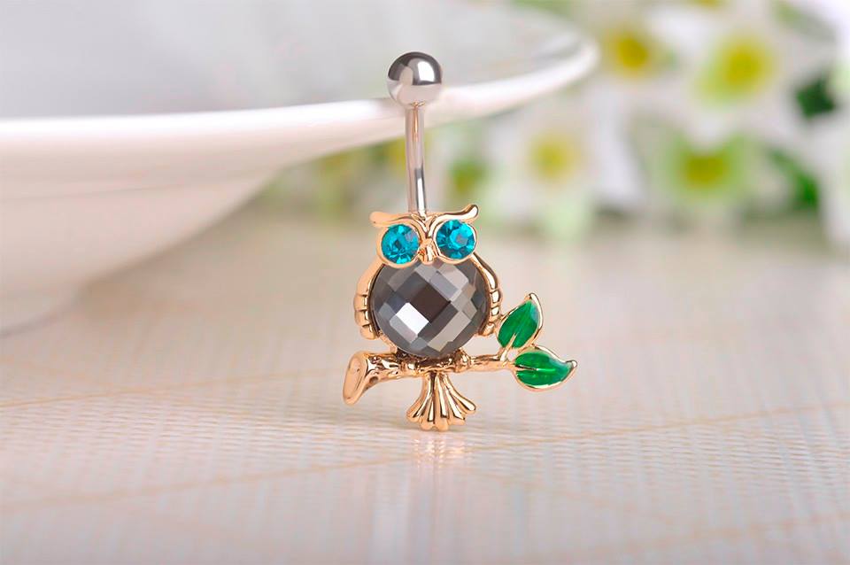 New Design Owl Navel Belly Button Rings Sapphire Eye Antique Gold Plated