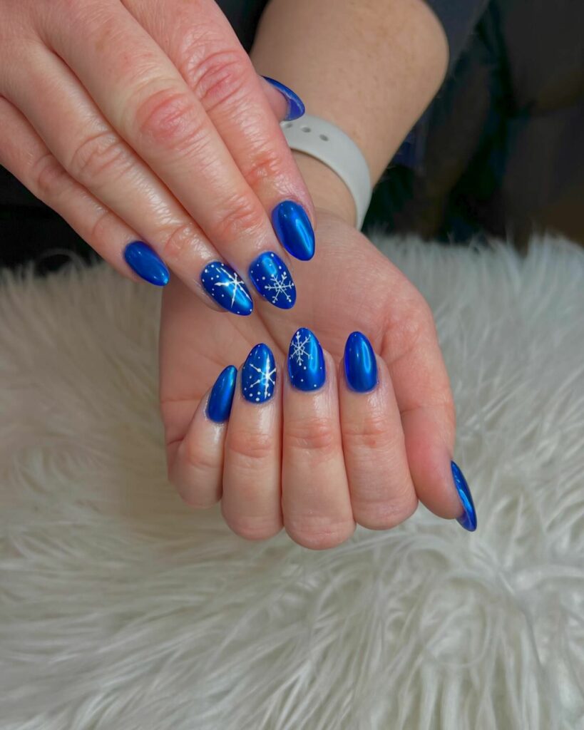 Blue Chrome Nails with Snowflakes