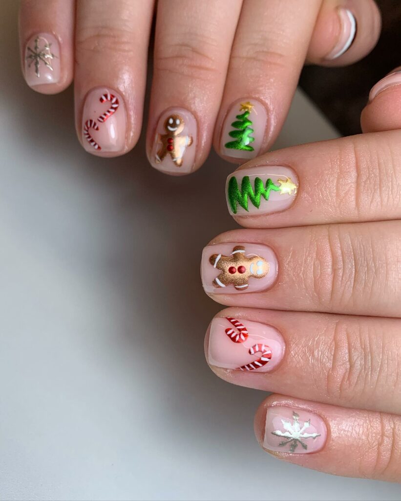 Chrome Candy Cane and Gingerbread Nails