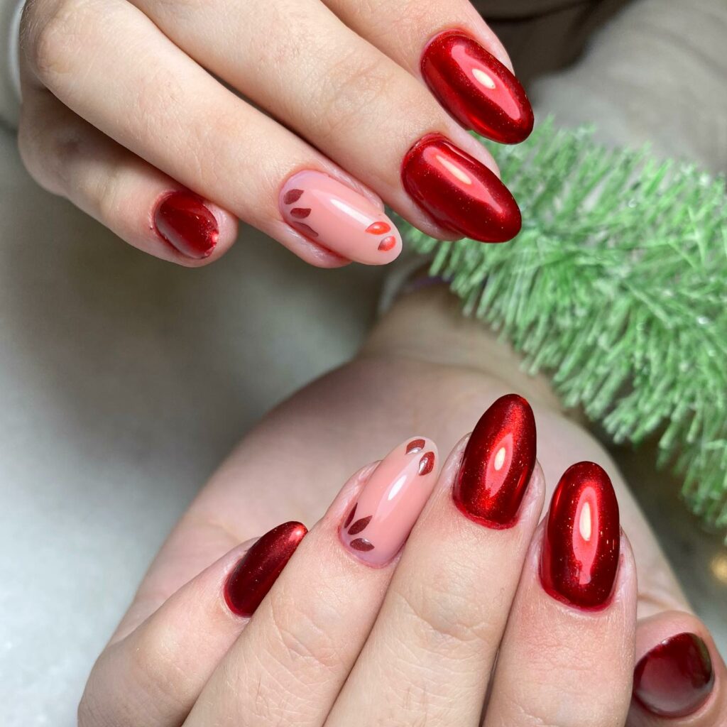 Red Almond Chrome Festive Nails