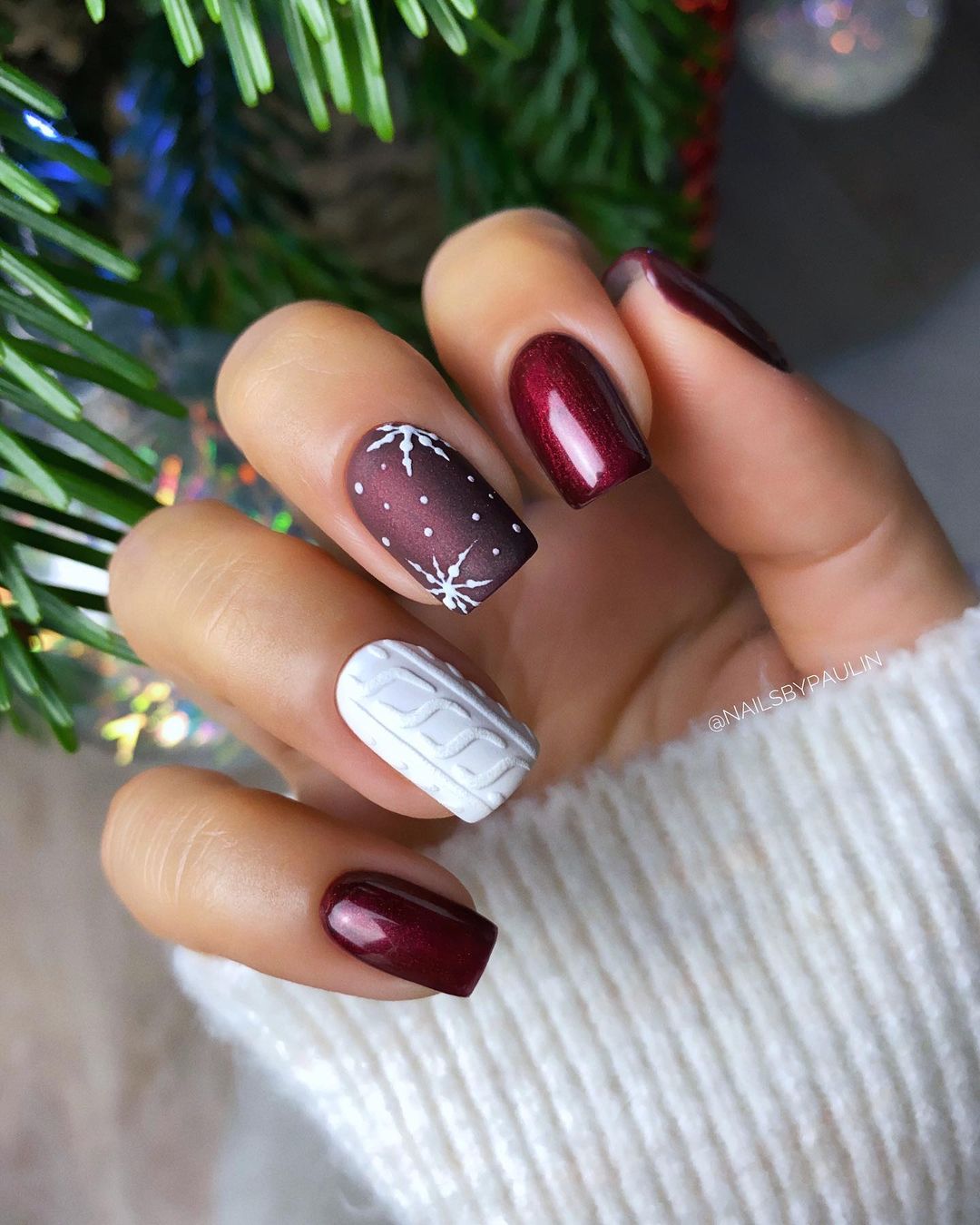 Red Christmas Nails with Sweater Design and Snowflakes