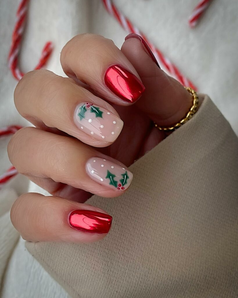 Red Chrome Nails with Mistletoe