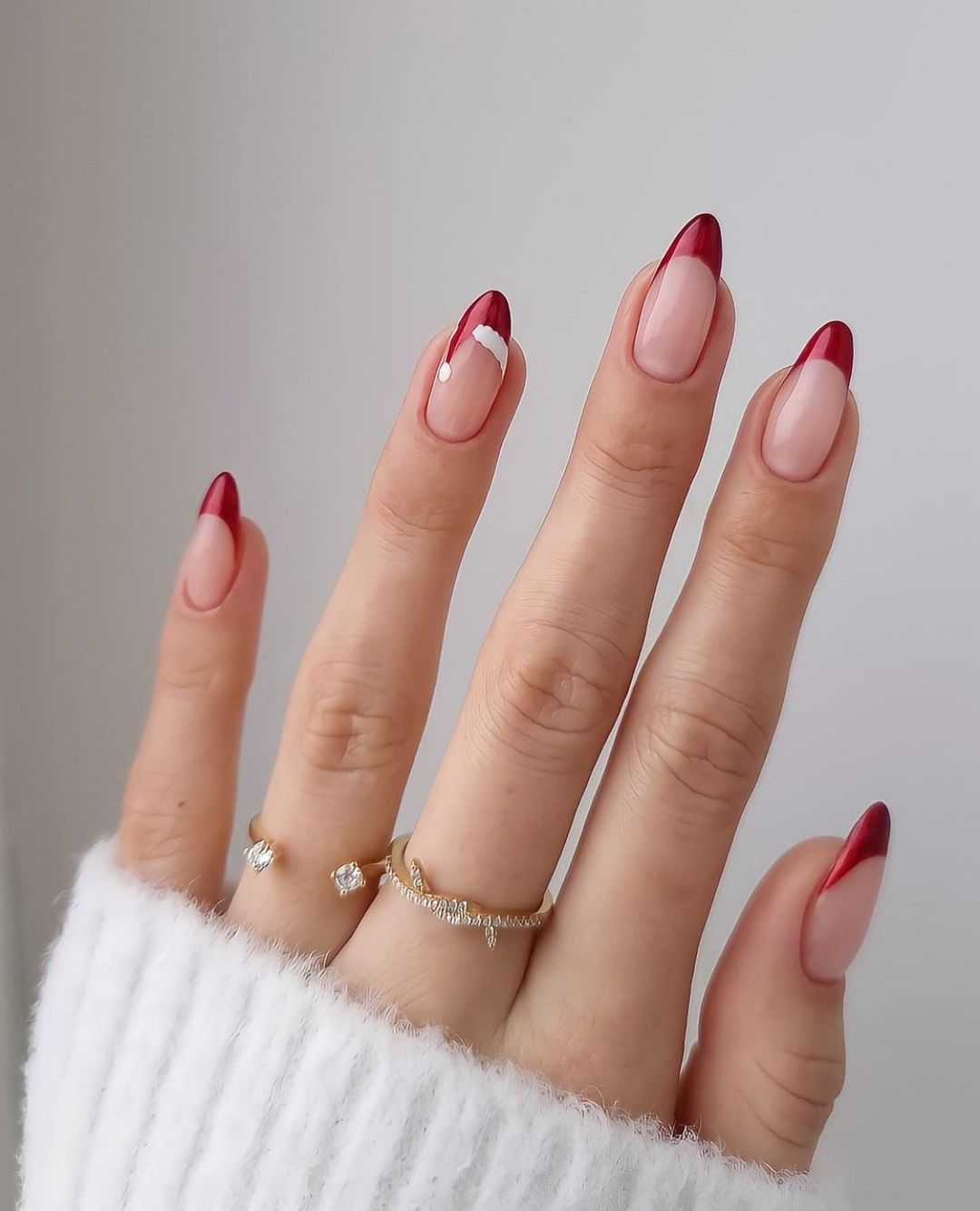 Red French Tip Christmas Hat Almond Nails