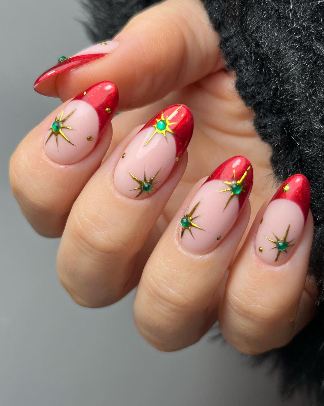 Red French Tips and Gold Christmas Star Nails