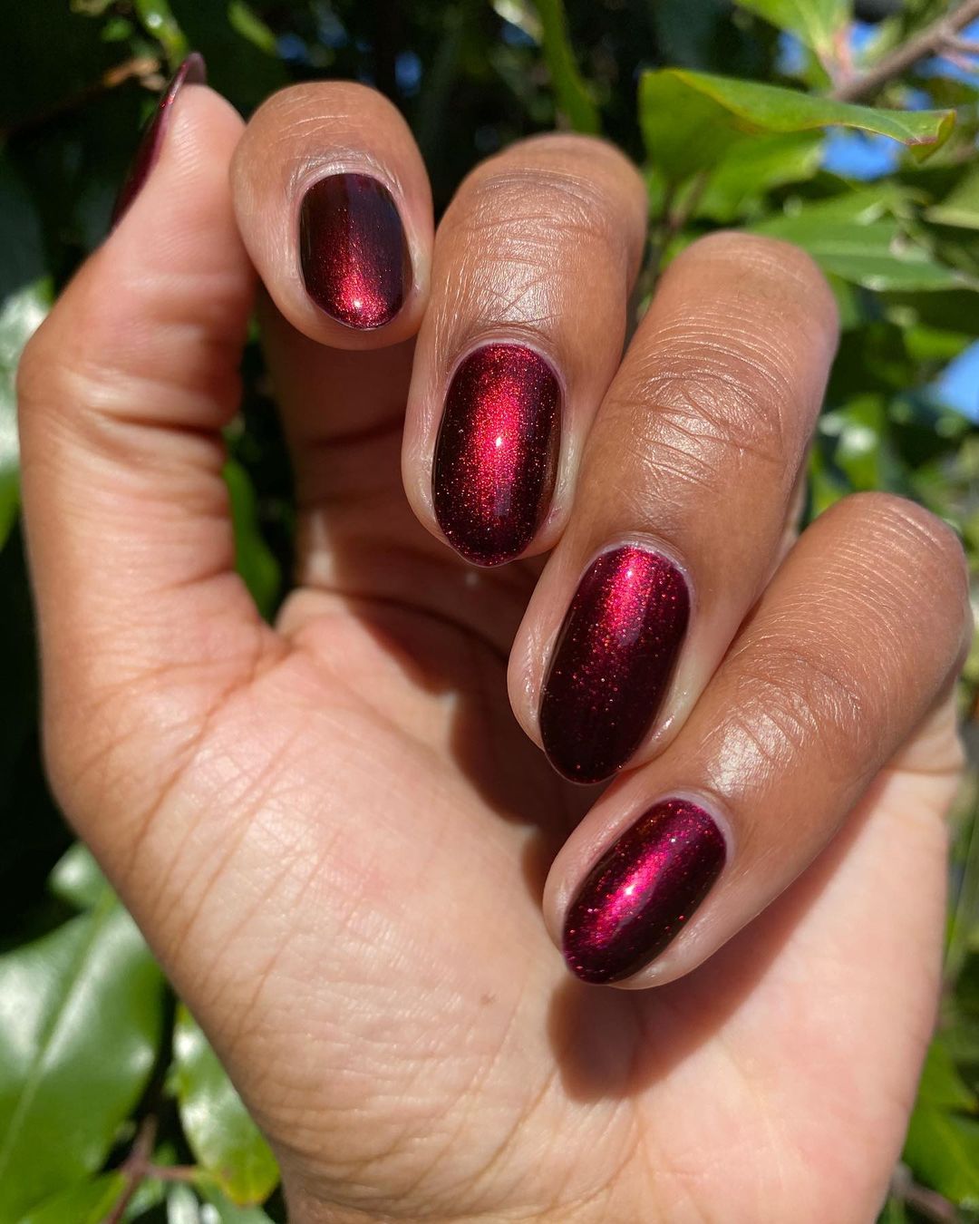 Shimmery Dark Red Simple Almond Nails