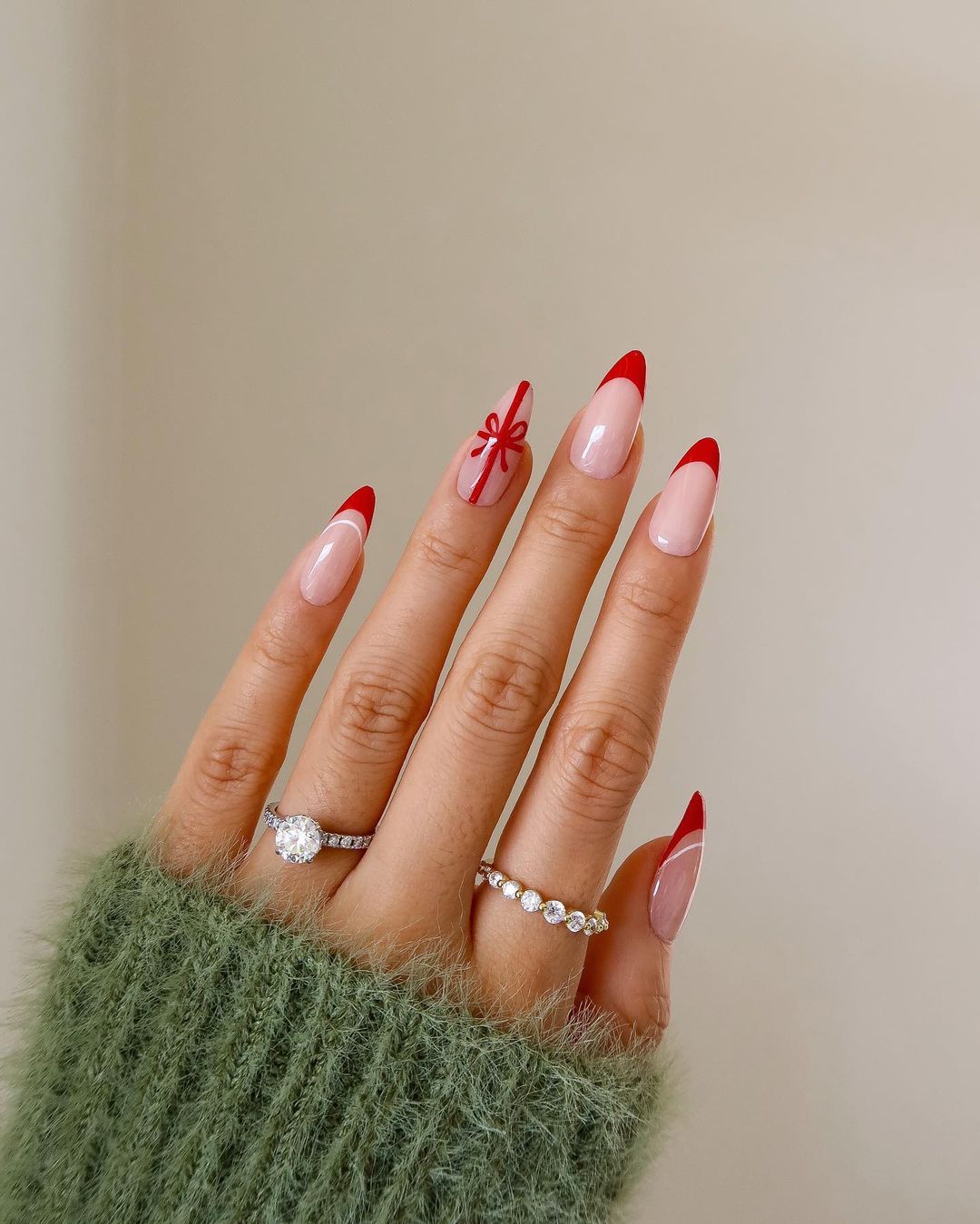 Simple Christmas Present Almond Red Nails