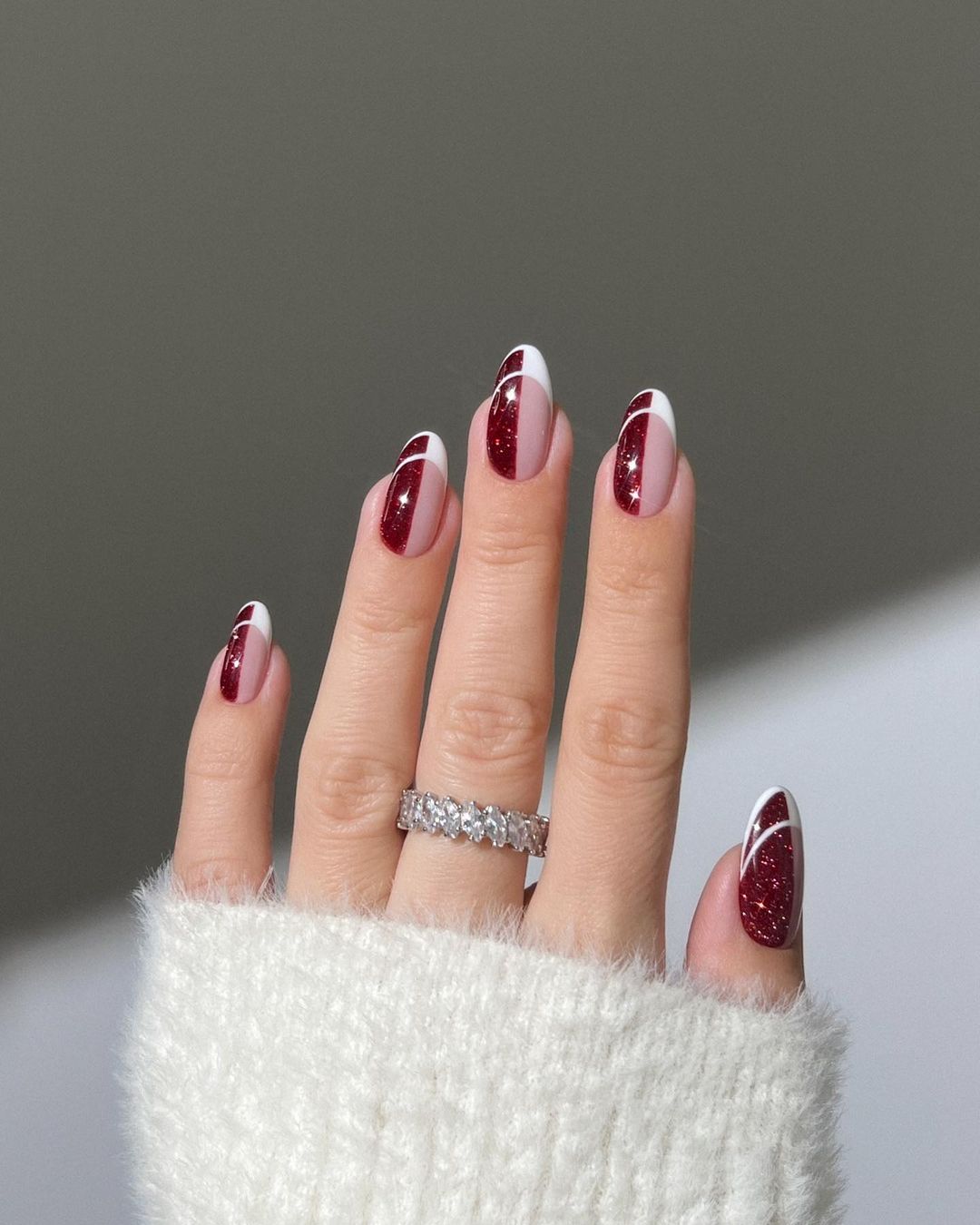 Simple Red Glitter and White Vertical Christmas Nails