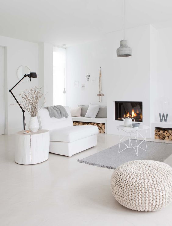 Minimal Nordic Living Room with Cozy Fireplace