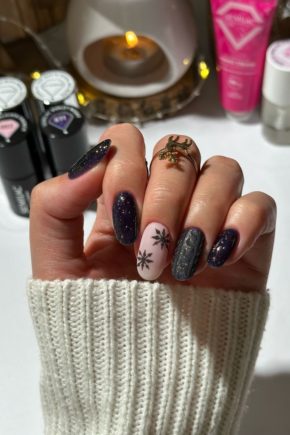 30 Black Nail Art Designs 2025: Unleash Your Style with Trendy Looks! 3 Glittery Snowflake Charm
