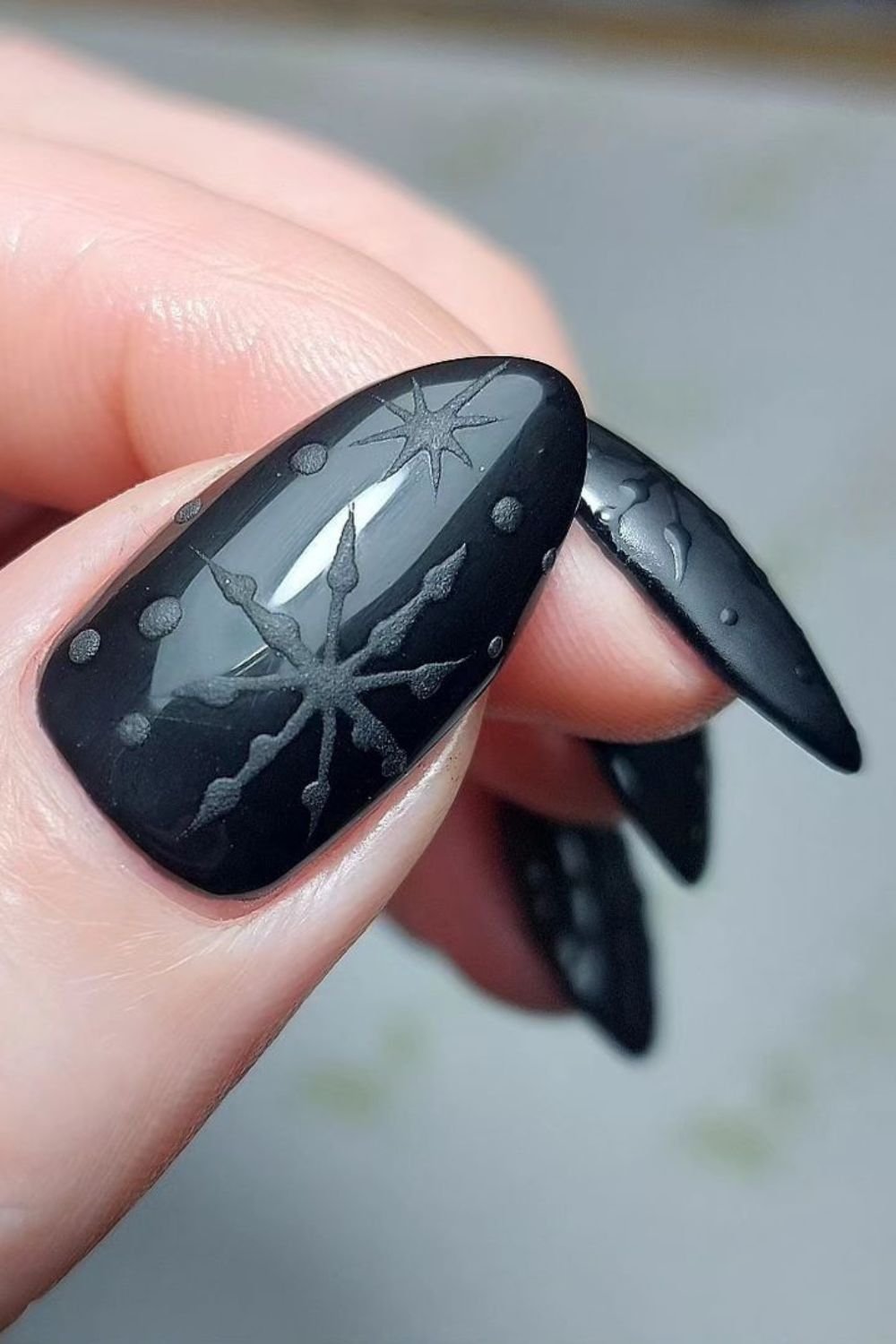 30 Black Nail Art Designs 2025: Unleash Your Style with Trendy Looks! 11 Matte Snowflake Detailing