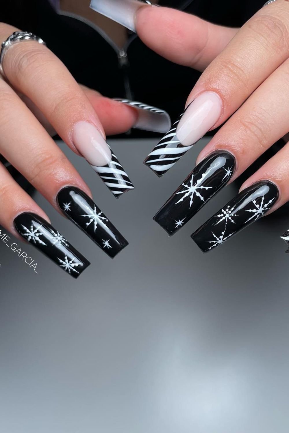 30 Black Nail Art Designs 2025: Unleash Your Style with Trendy Looks! 4 Snowflake Elegance