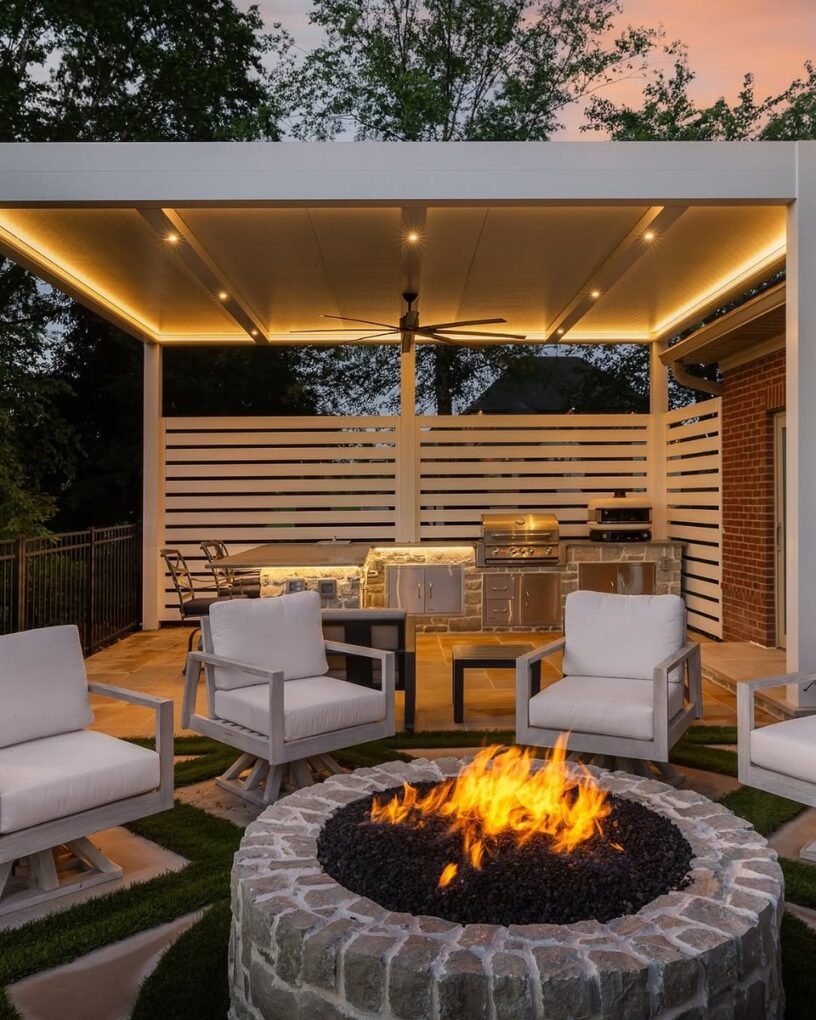 20 Modern Outdoor Fire Pit Ideas: Sleek Designs for Any Home 19 Pergola-Covered Fire Pit Area