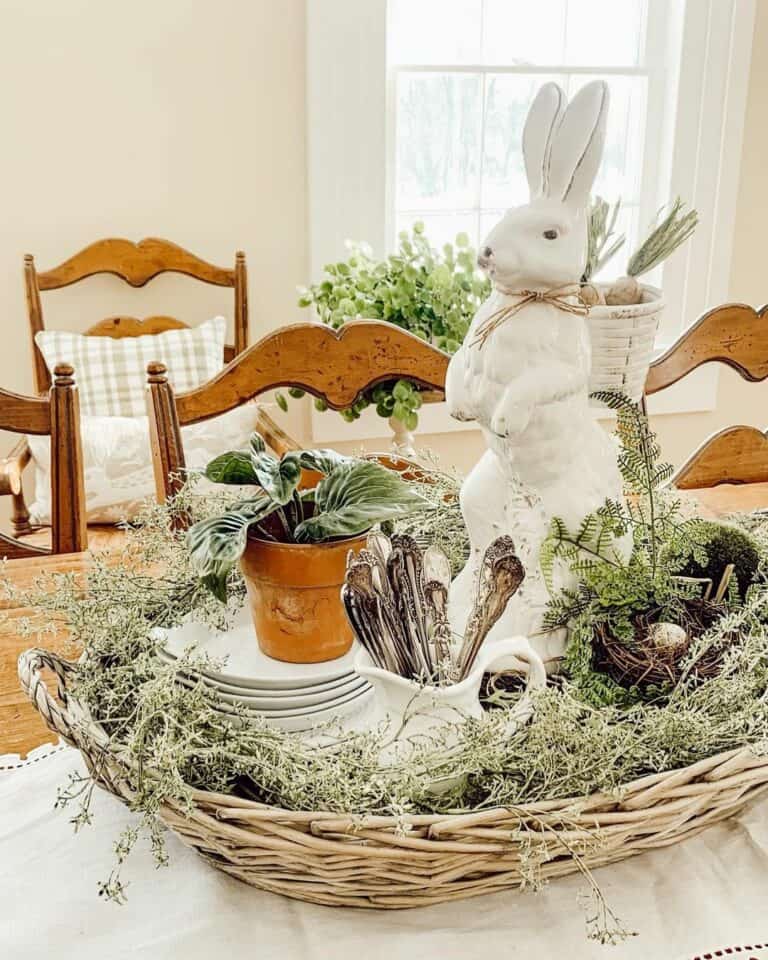 White Ceramic Rabbit and Green Foliage