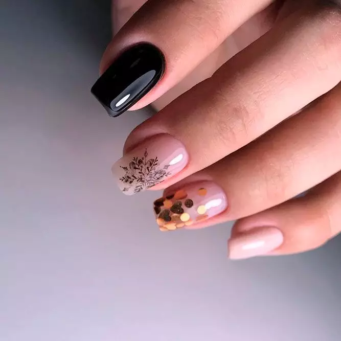 Cute Dotted Black and Gold Nails