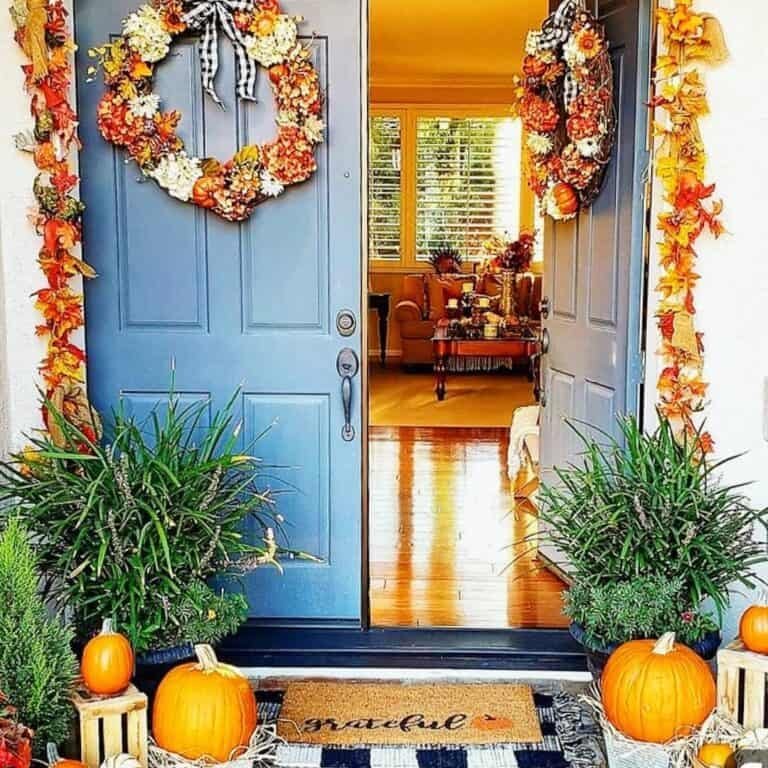 From Simple to Showstopper: 25 Easy Fall Door Decor Ideas 14 Blue French Doors Decorated