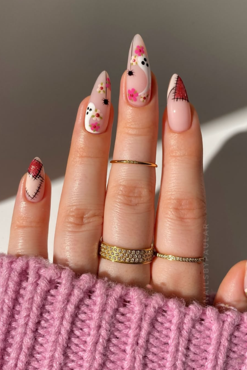 30 Halloween Nail Art Ideas 2025 for a Hauntingly Good Look 3 Cute floral ghost nails