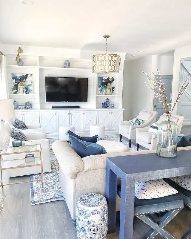15+ Blue and White Living Room Ideas for a Timeless Look 7 Dark Blue Tone with Blue Detailed Rug
