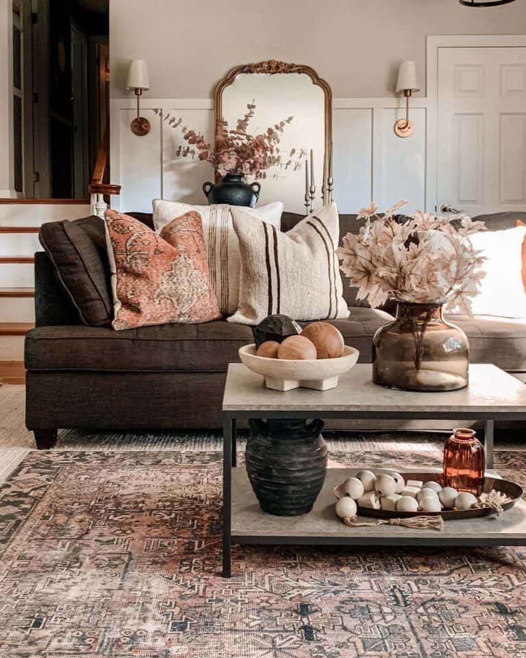 30 Fall Coffee Table Decor Ideas to Warm Up Your Home 14 Dark Brown Sofa Decor