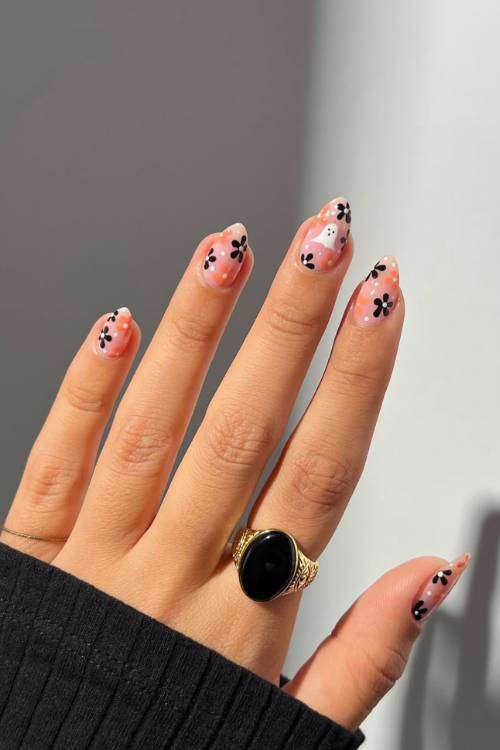 30 Halloween Nail Art Ideas 2025 for a Hauntingly Good Look 19 Floral Phantoms