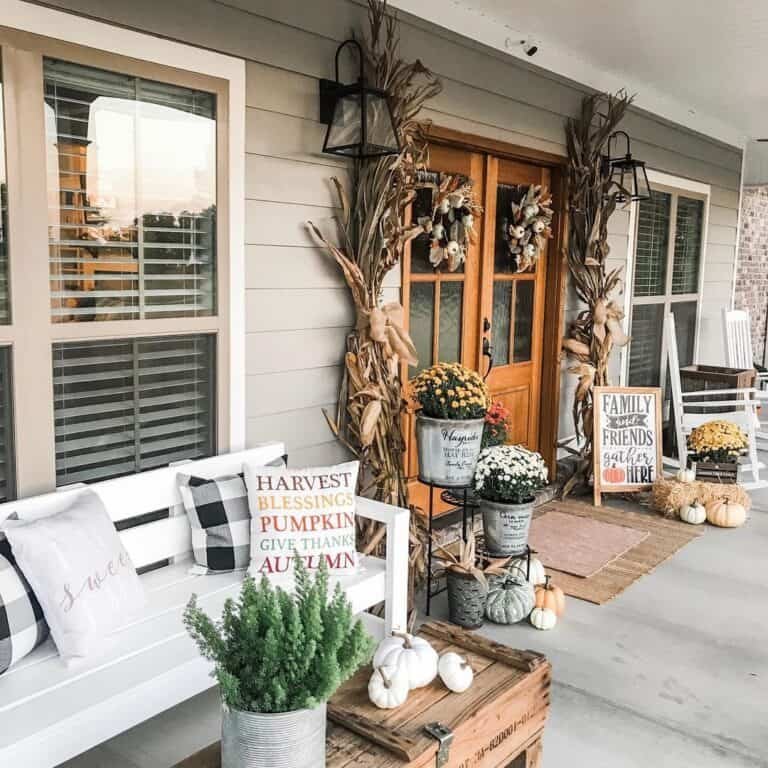 From Simple to Showstopper: 25 Easy Fall Door Decor Ideas 21 Gray Porch with French Doors