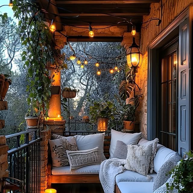 15 Easy Boho Balcony Decor Ideas: Create Your Cozy Outdoor Haven 4 Hanging Fairy Lights
