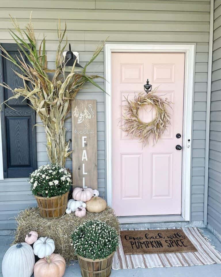 From Simple to Showstopper: 25 Easy Fall Door Decor Ideas 13 Pale Pink Door with Fall Decor